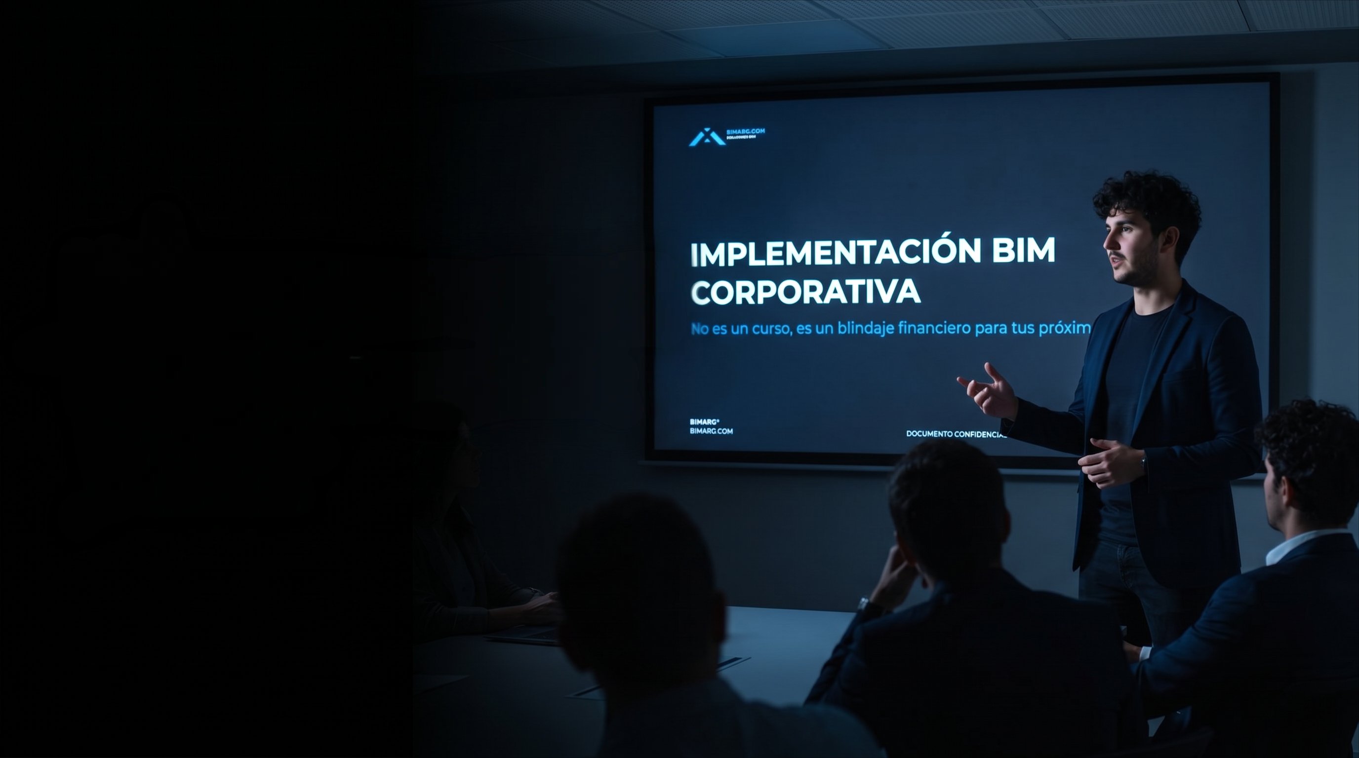 BIM Manager presentando modelo 3D coordinado de edificio a equipo de desarrolladora inmobiliaria